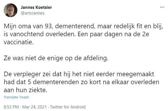 'Mijn oma van 93 is vanochtend overleden. Een paar dagen na de tweede vaccinatie' 2 vaccin