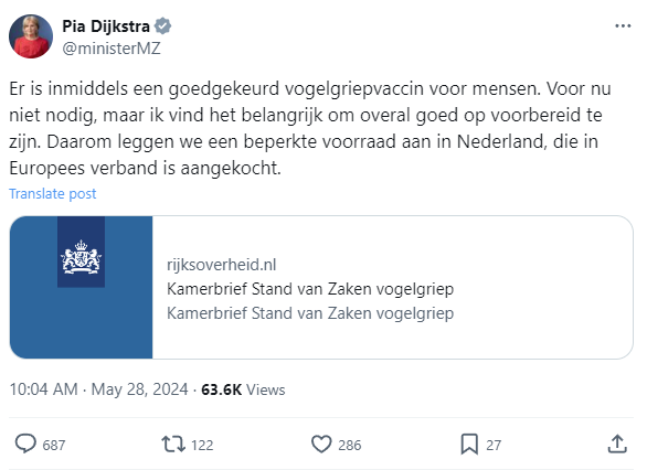 Minister Dijkstra slaat vogelgriepvaccins voor mensen in: 'Mijn god, daar gaan we weer' 2 vogelgriep