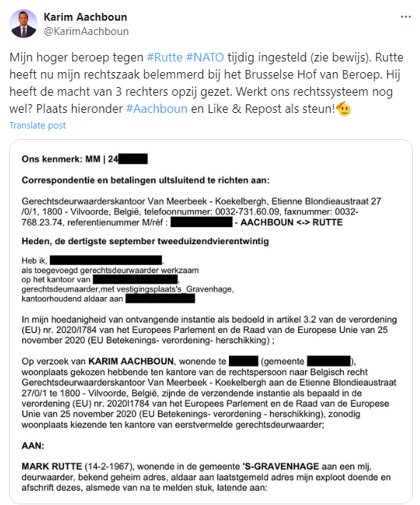 Rutte belemmert rechtszaak van Karim Aachboun bij Hof van Beroep en zet de macht van 3 rechters opzij 2 za