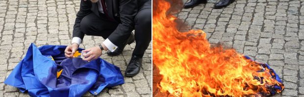 Europarlementariër vertrapt en verbrandt EU-vlag: ‘Weg met het Eurocommunisme!’